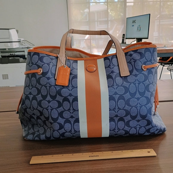 Coach Handbags - Coach Blue, Tag And Orange Signature Tote Bag With COA